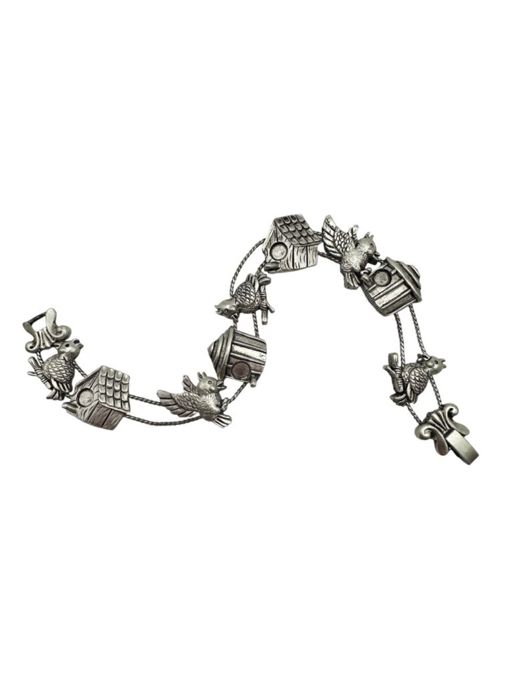 Vintage Sparrow Birdhouse Slide Charm Bracelet Silver Tone NOS Avian